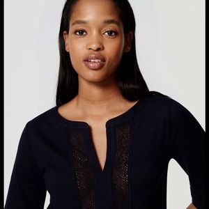 LOFT Navy Lacy Split Neck Tee